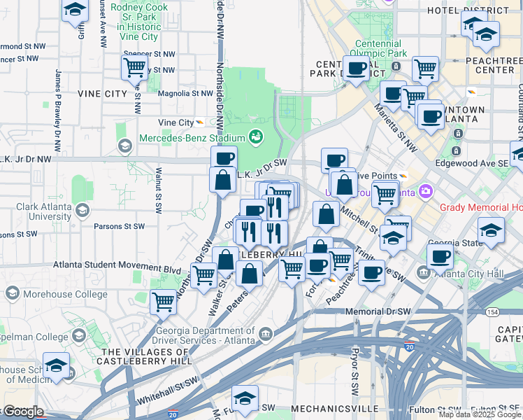map of restaurants, bars, coffee shops, grocery stores, and more near 89 Mangum Street Southwest in Atlanta