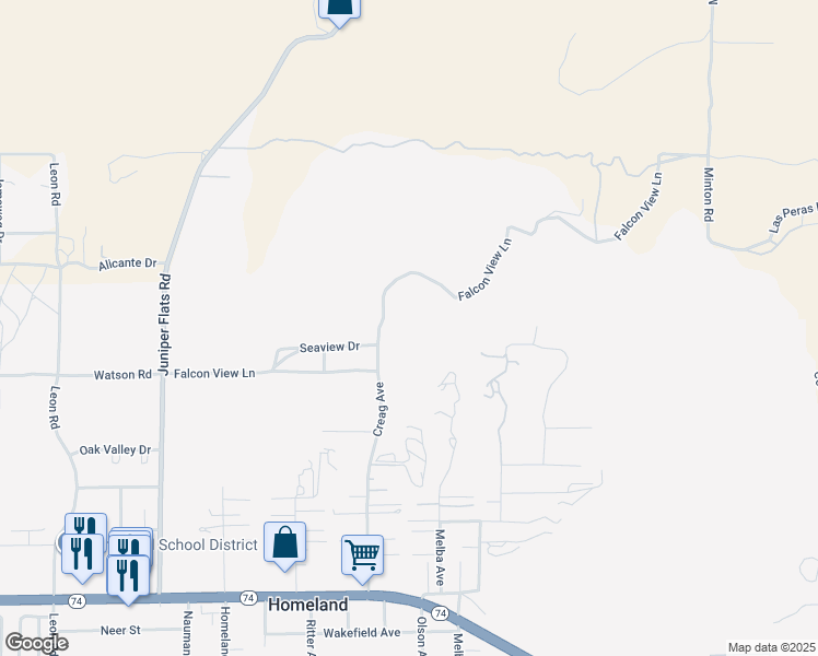 map of restaurants, bars, coffee shops, grocery stores, and more near Creag Avenue in Homeland