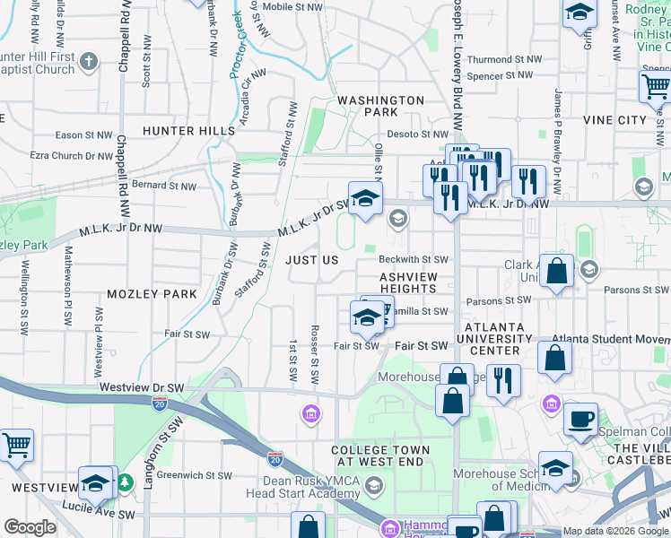 map of restaurants, bars, coffee shops, grocery stores, and more near 1085 Fountain Drive Southwest in Atlanta