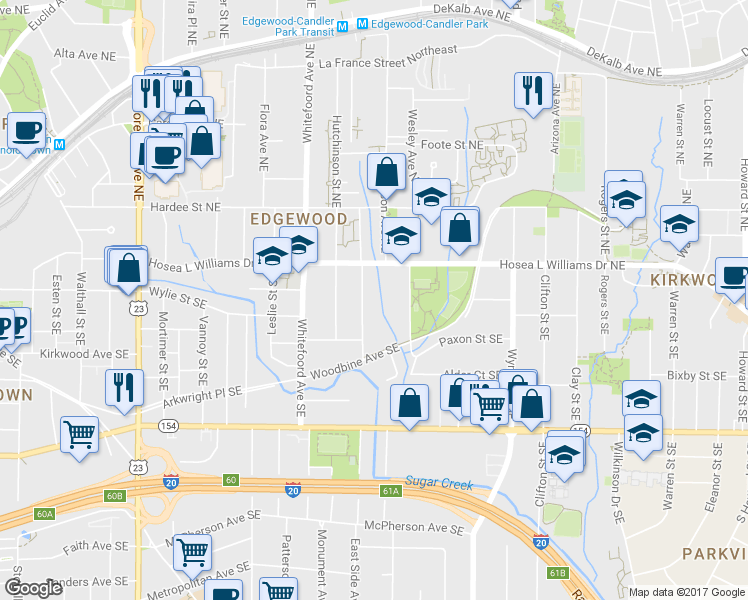 map of restaurants, bars, coffee shops, grocery stores, and more near 48 Montgomery Street Southeast in Atlanta
