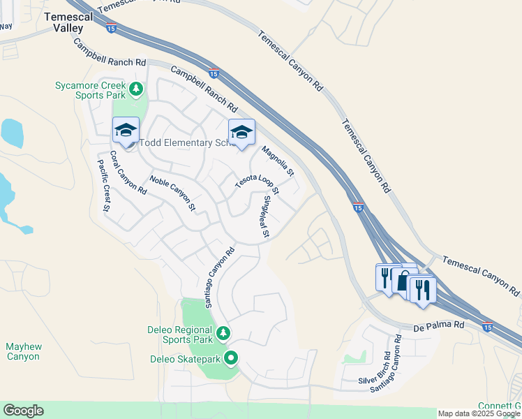 map of restaurants, bars, coffee shops, grocery stores, and more near 25313 Singleleaf Street in Corona