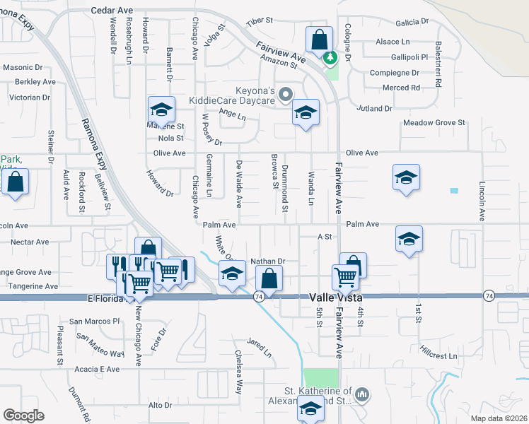 map of restaurants, bars, coffee shops, grocery stores, and more near 43715 Elliot Court in Hemet