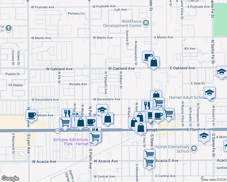 map of restaurants, bars, coffee shops, grocery stores, and more near 28 North Tahquitz Avenue in Hemet