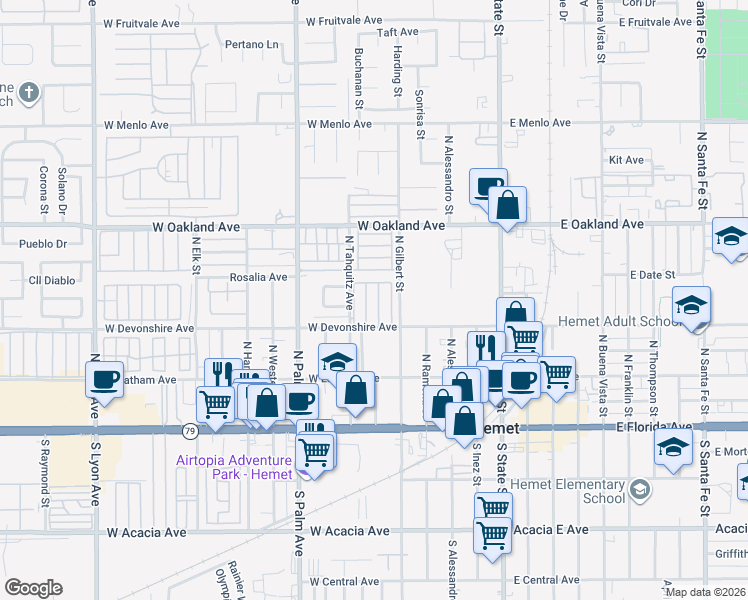 map of restaurants, bars, coffee shops, grocery stores, and more near 28 North Tahquitz Avenue in Hemet