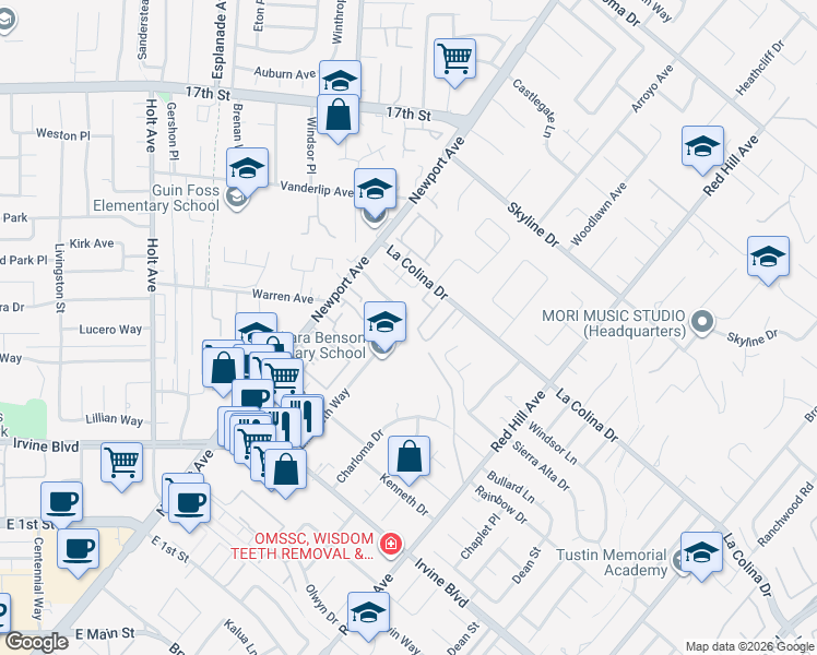 map of restaurants, bars, coffee shops, grocery stores, and more near 12551 Wedgwood Circle in Tustin