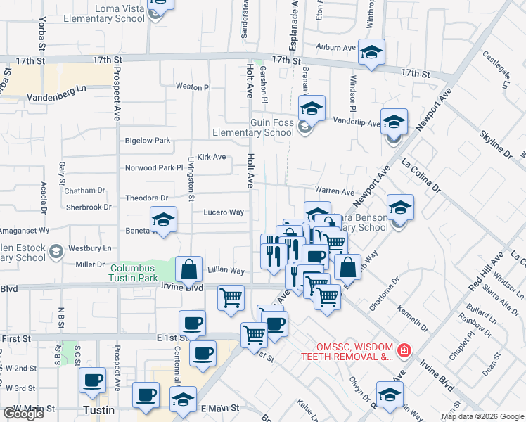 map of restaurants, bars, coffee shops, grocery stores, and more near 14587 Clarissa Lane in Tustin