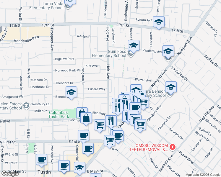 map of restaurants, bars, coffee shops, grocery stores, and more near 14621 Holt Avenue in Tustin