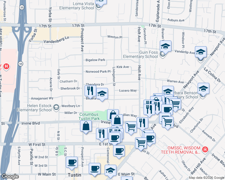 map of restaurants, bars, coffee shops, grocery stores, and more near 18062 Lucero Way in Tustin