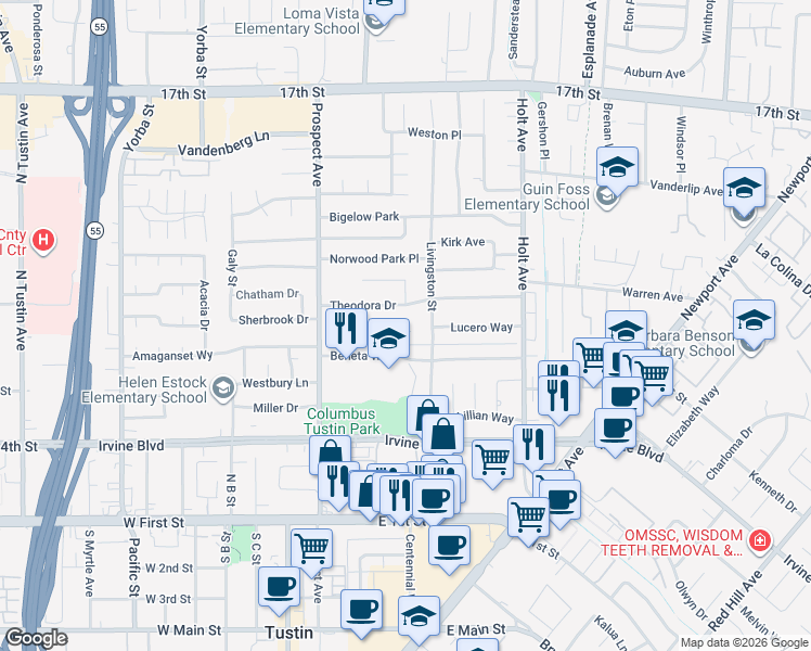 map of restaurants, bars, coffee shops, grocery stores, and more near 17952 Lucero Way in Tustin