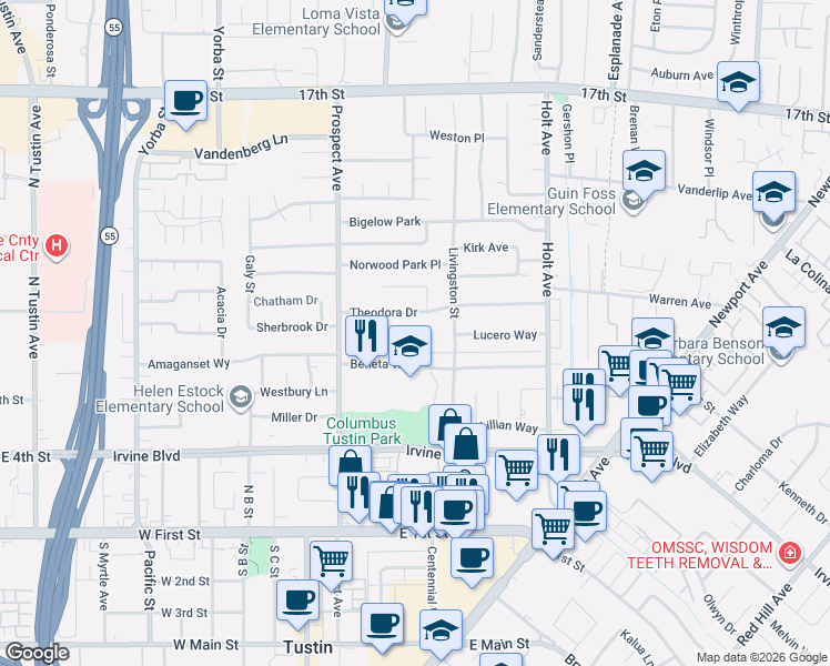 map of restaurants, bars, coffee shops, grocery stores, and more near 17952 Lucero Way in Tustin