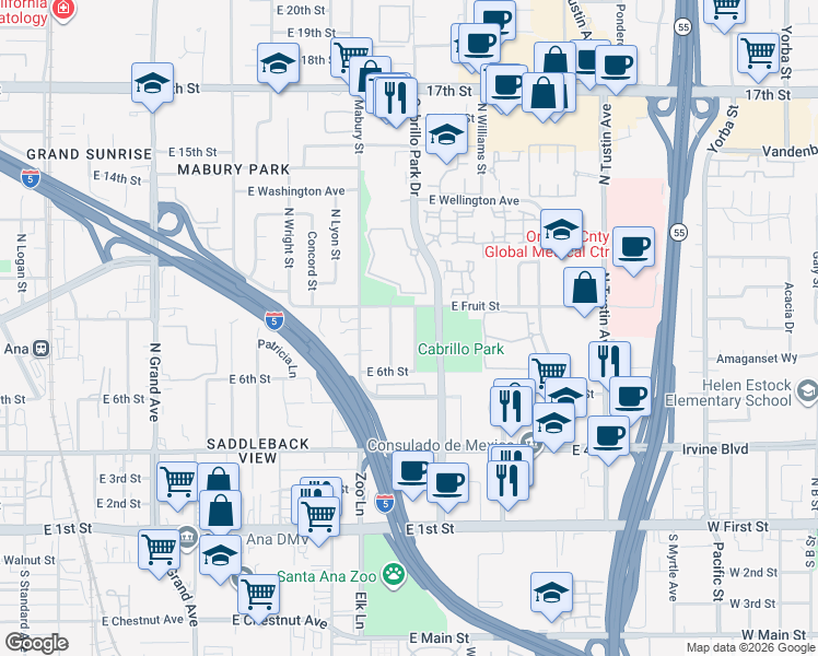 map of restaurants, bars, coffee shops, grocery stores, and more near 800 Cabrillo Park Drive in Santa Ana