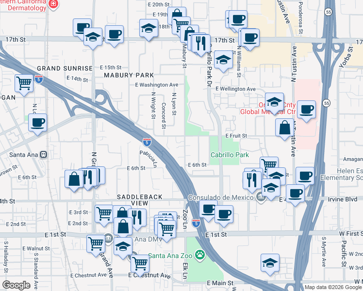 map of restaurants, bars, coffee shops, grocery stores, and more near 641 Concord Street in Santa Ana