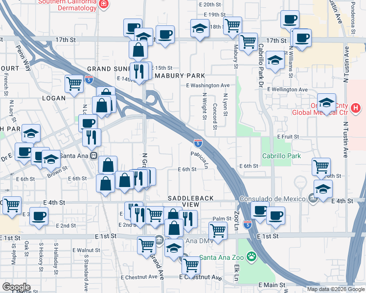 map of restaurants, bars, coffee shops, grocery stores, and more near 630 North Linwood Avenue in Santa Ana