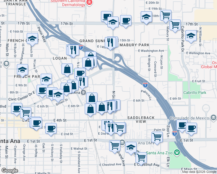 map of restaurants, bars, coffee shops, grocery stores, and more near 714 North Grand Avenue in Santa Ana