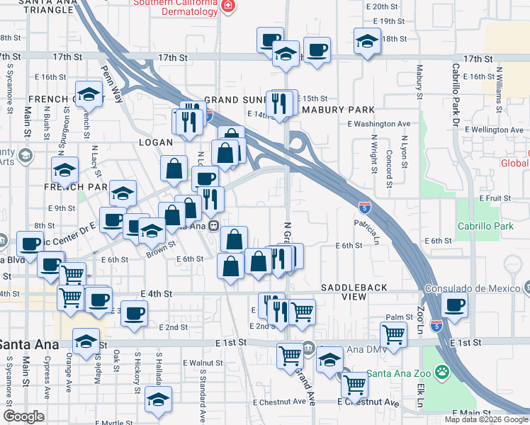 map of restaurants, bars, coffee shops, grocery stores, and more near 1160 East Fruit Street in Santa Ana