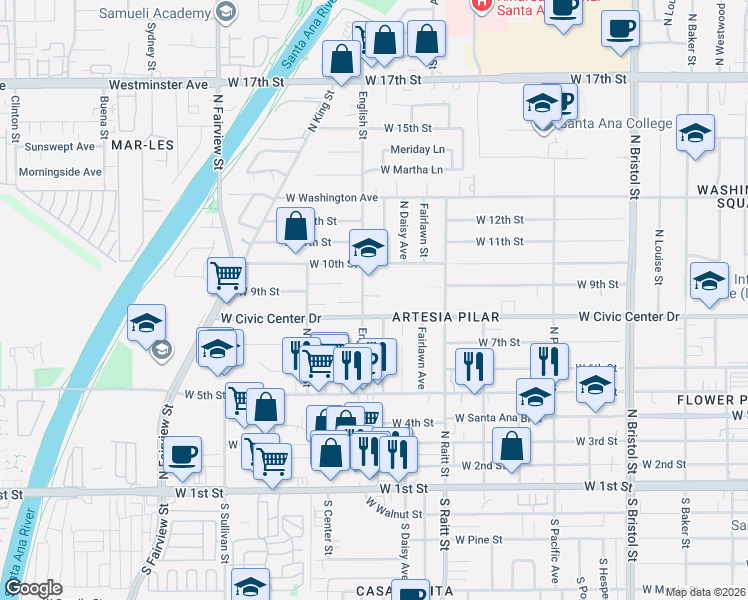 map of restaurants, bars, coffee shops, grocery stores, and more near 723 North Townsend Street in Santa Ana