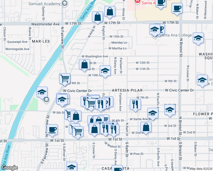 map of restaurants, bars, coffee shops, grocery stores, and more near 723 North Townsend Street in Santa Ana