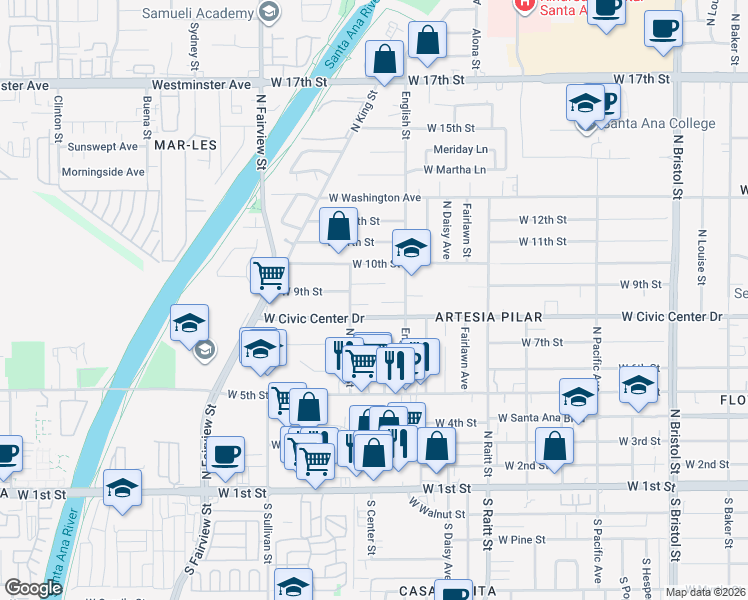 map of restaurants, bars, coffee shops, grocery stores, and more near 2038 Alco Avenue in Santa Ana