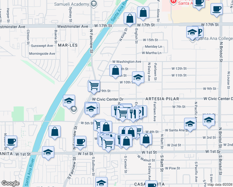 map of restaurants, bars, coffee shops, grocery stores, and more near 2119 West Civic Center Drive in Santa Ana