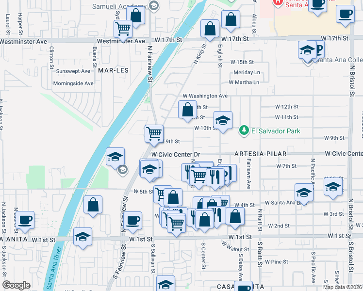 map of restaurants, bars, coffee shops, grocery stores, and more near 2119 West Civic Center Drive in Santa Ana