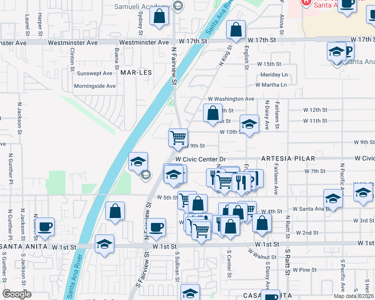 map of restaurants, bars, coffee shops, grocery stores, and more near 2201 West Civic Center Drive in Santa Ana