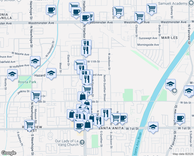 map of restaurants, bars, coffee shops, grocery stores, and more near 722 North Bewley Street in Santa Ana
