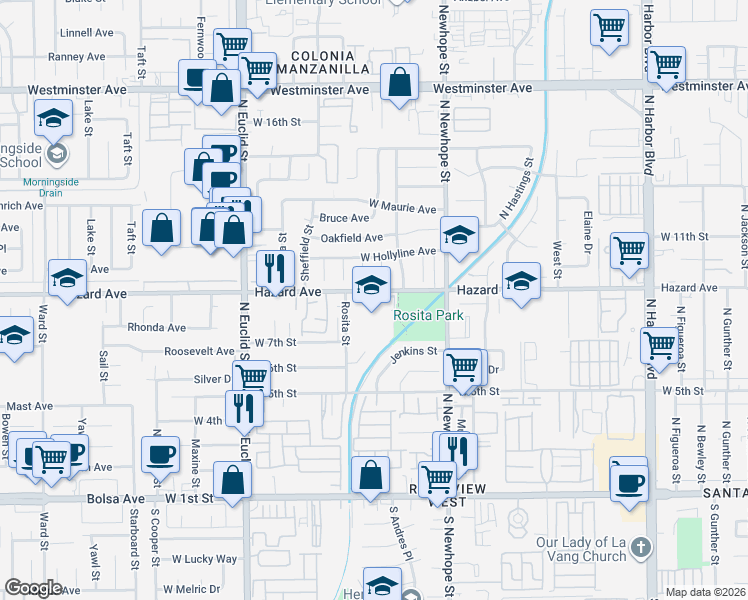 map of restaurants, bars, coffee shops, grocery stores, and more near 4726 Hazard Avenue in Santa Ana