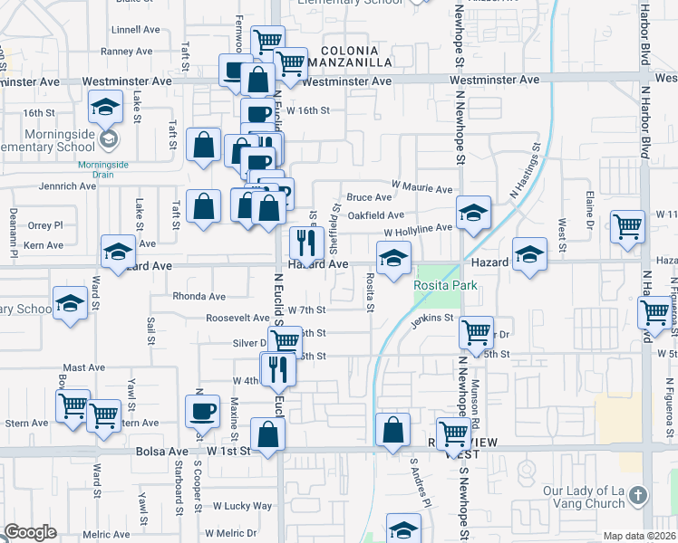 map of restaurants, bars, coffee shops, grocery stores, and more near 818 Elmwood Drive in Santa Ana