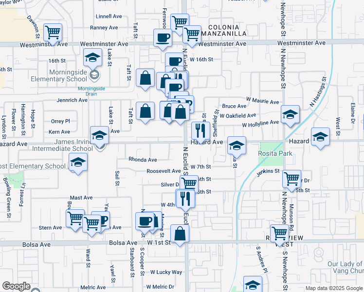 map of restaurants, bars, coffee shops, grocery stores, and more near 802 North Euclid Street in Santa Ana