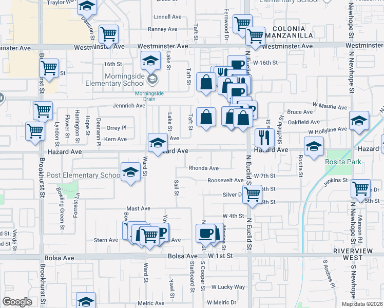 map of restaurants, bars, coffee shops, grocery stores, and more near 10731 Rhonda Avenue in Garden Grove