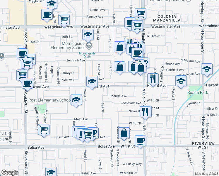 map of restaurants, bars, coffee shops, grocery stores, and more near 10731 Rhonda Avenue in Garden Grove