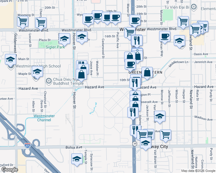 map of restaurants, bars, coffee shops, grocery stores, and more near 7800-7898 Hazard Ave in Westminster