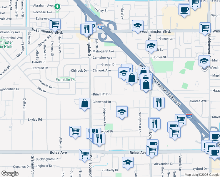 map of restaurants, bars, coffee shops, grocery stores, and more near 14501 Fairview Lane in Huntington Beach