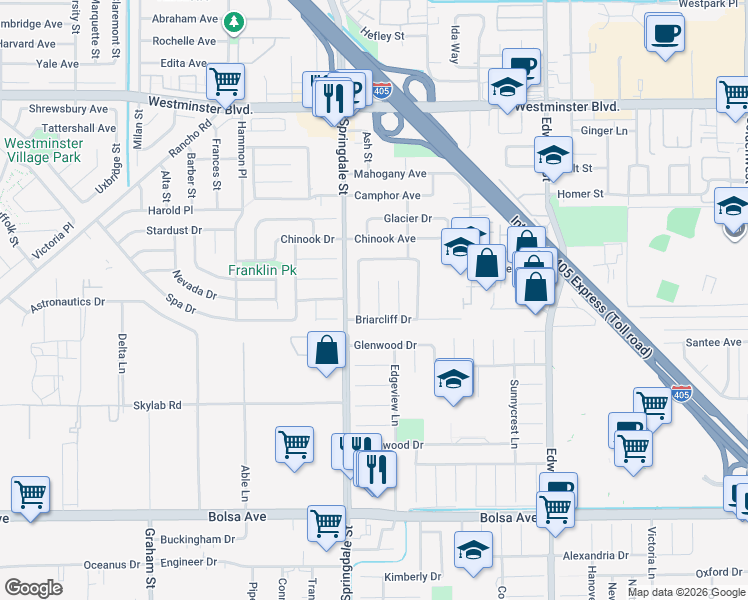map of restaurants, bars, coffee shops, grocery stores, and more near 14502 Danes Circle in Huntington Beach