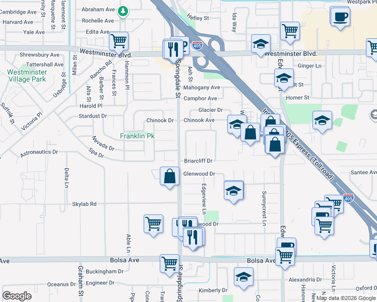 map of restaurants, bars, coffee shops, grocery stores, and more near 14502 Danes Circle in Huntington Beach