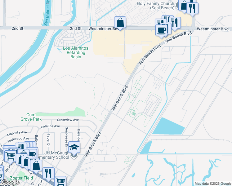 map of restaurants, bars, coffee shops, grocery stores, and more near 958 Heron Circle in Seal Beach