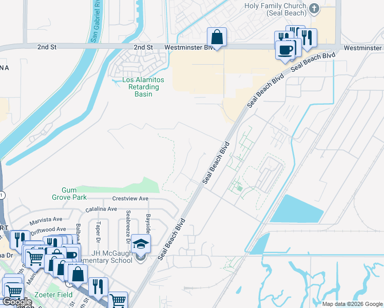 map of restaurants, bars, coffee shops, grocery stores, and more near 945 Blue Heron in Seal Beach