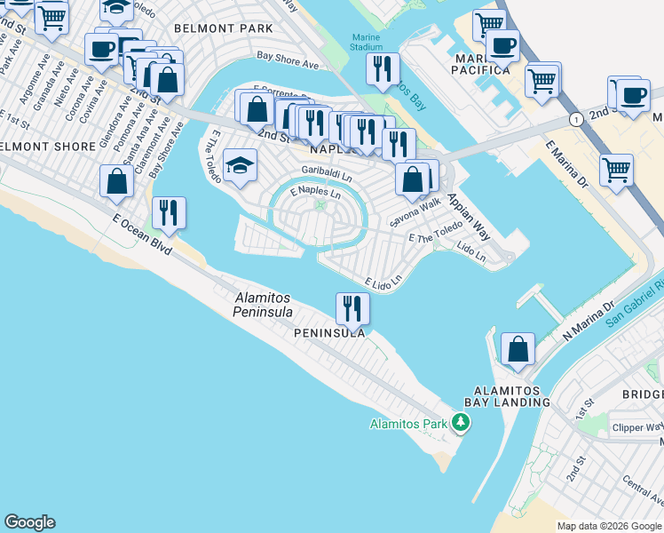 map of restaurants, bars, coffee shops, grocery stores, and more near 5733 East Corso Di Napoli in Long Beach