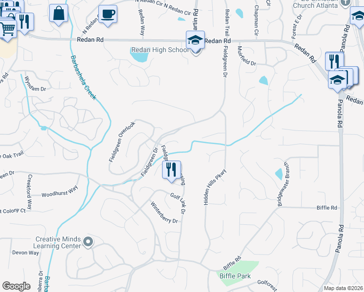 map of restaurants, bars, coffee shops, grocery stores, and more near 5148 Rocky Glen in Stone Mountain