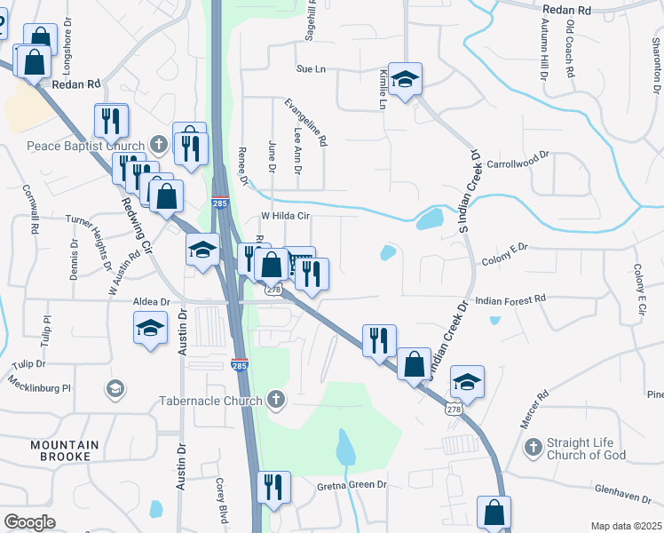 map of restaurants, bars, coffee shops, grocery stores, and more near 4029 Phylis Place in Decatur