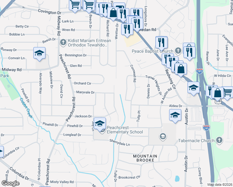 map of restaurants, bars, coffee shops, grocery stores, and more near 3508 Turner Heights Drive in Decatur