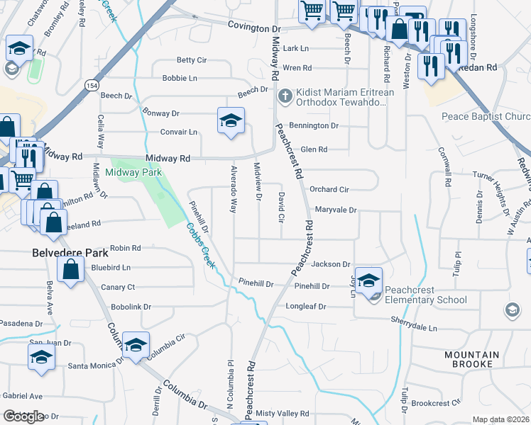 map of restaurants, bars, coffee shops, grocery stores, and more near 1422 Midview Drive in Decatur
