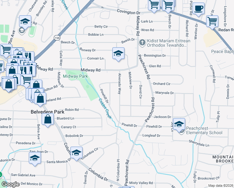 map of restaurants, bars, coffee shops, grocery stores, and more near 1422 Sandy Lane in Decatur