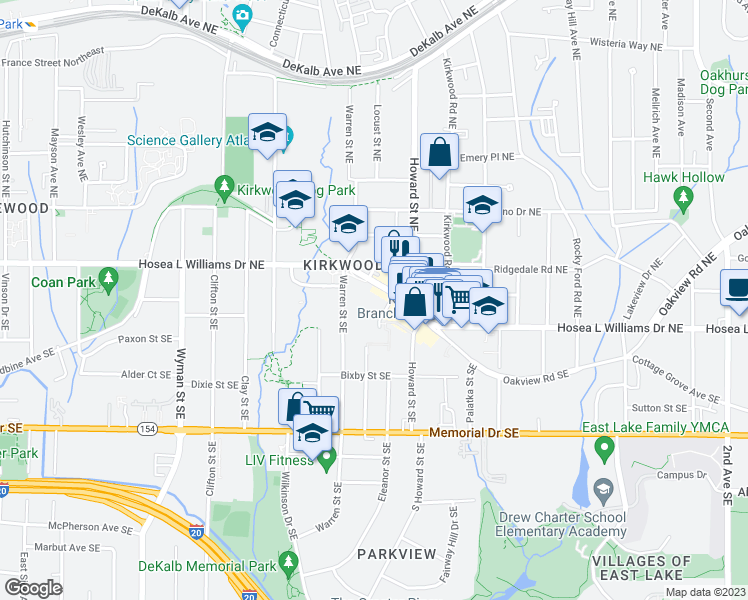 map of restaurants, bars, coffee shops, grocery stores, and more near 60 Warren Street Northeast in Atlanta