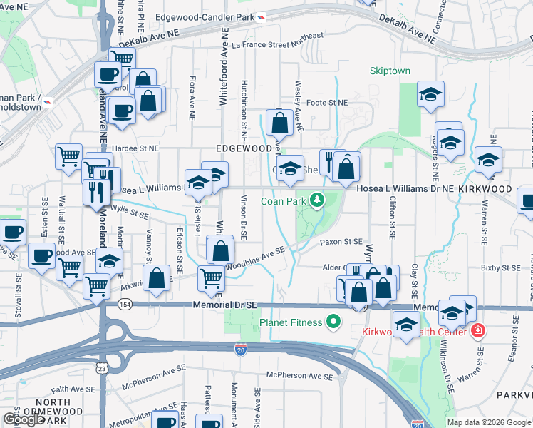 map of restaurants, bars, coffee shops, grocery stores, and more near 48 Montgomery Street Southeast in Atlanta