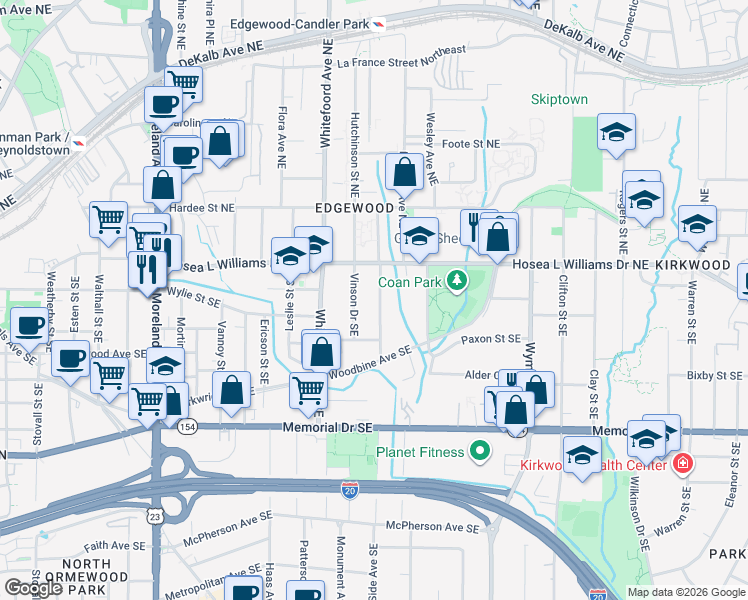 map of restaurants, bars, coffee shops, grocery stores, and more near 66 Vinson Drive Southeast in Atlanta