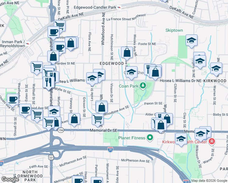 map of restaurants, bars, coffee shops, grocery stores, and more near 66 Vinson Drive Southeast in Atlanta