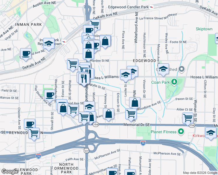 map of restaurants, bars, coffee shops, grocery stores, and more near 71 Vannoy Street Southeast in Atlanta