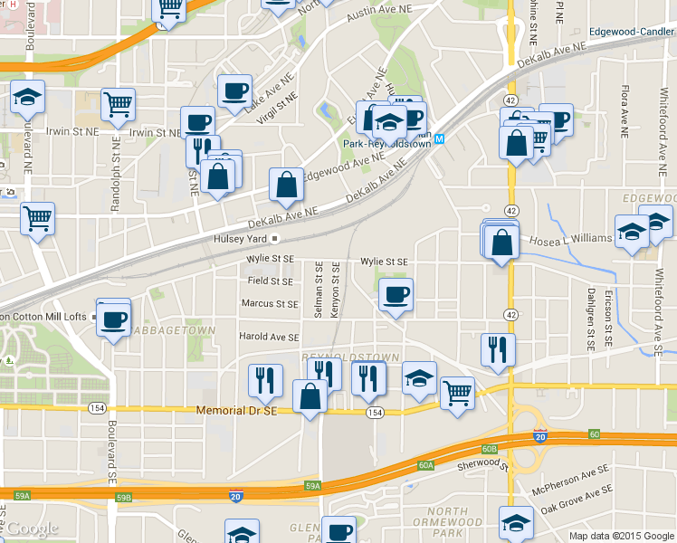 map of restaurants, bars, coffee shops, grocery stores, and more near 97 Kenyon Street Southeast in Atlanta