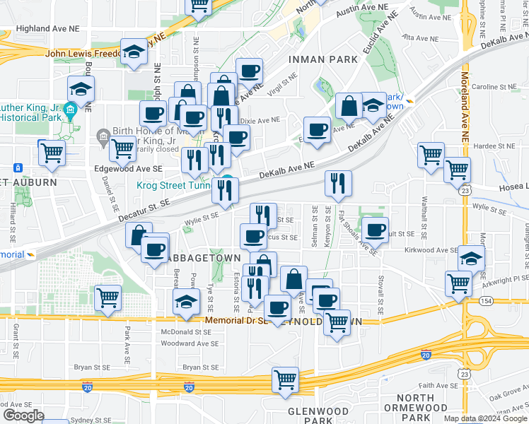 map of restaurants, bars, coffee shops, grocery stores, and more near 695 Field Street Southeast in Atlanta